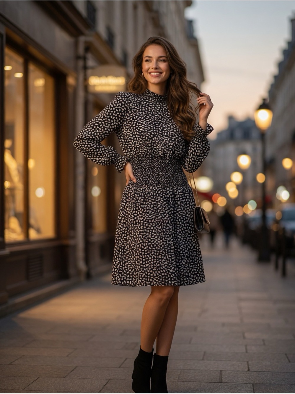 Smocked Waist Long Sleeve Black & White Printed Dress She & Sky M